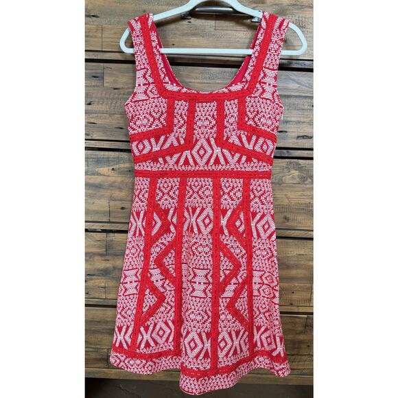 Maeve Dress Women's US 8 Red White Sleeveless Fit Flare Geometric Textured Zip - Picture 1 of 8